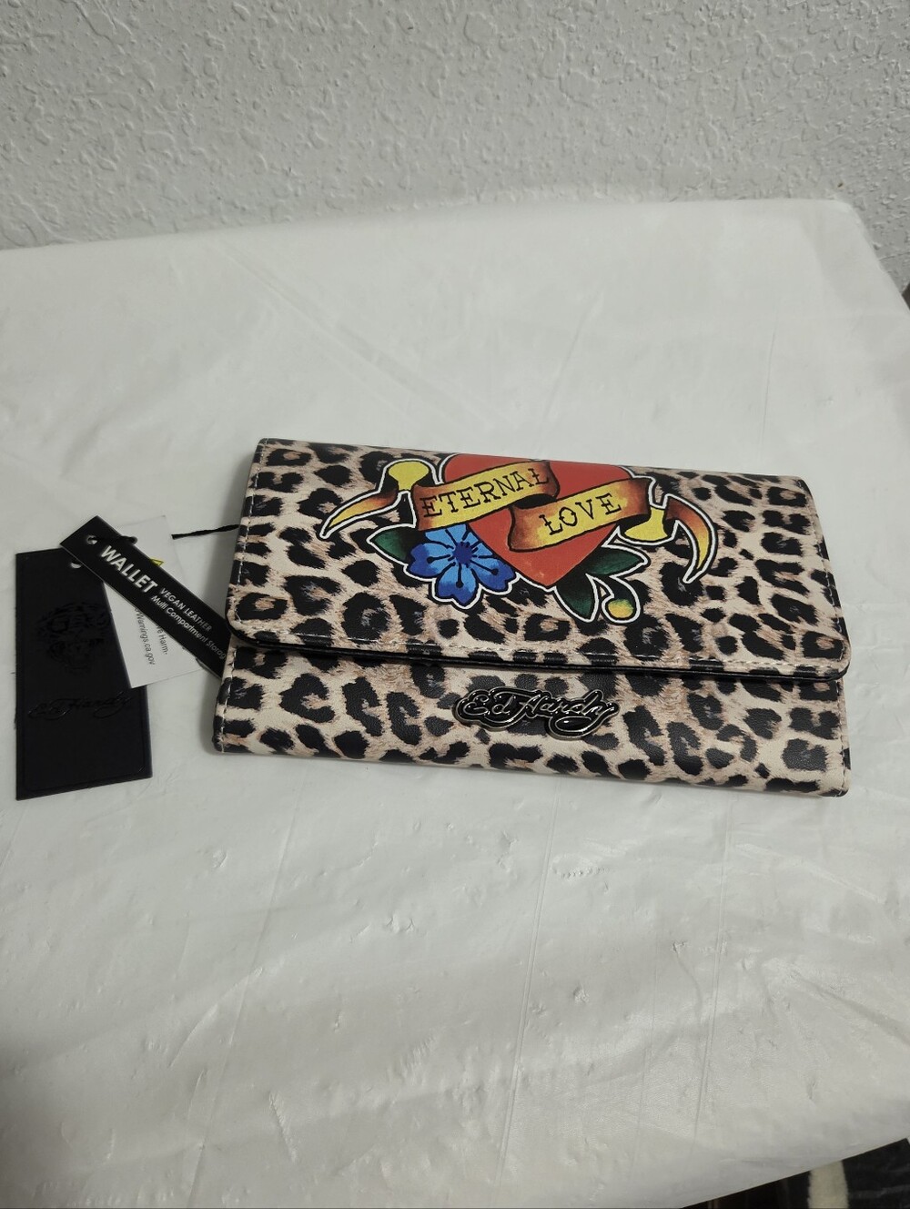 ED HARDY Eternal Love Leopard Trifold Wallet, Faux Leather Snap Closure